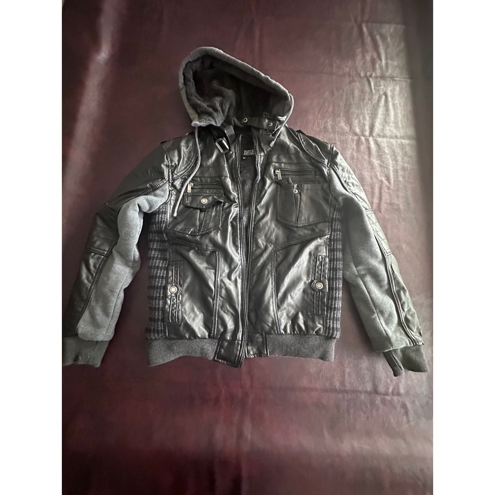 Robert Phillipe Mens Faux Leather Fur Lined Hooded Bomber Jacket Black Gray M